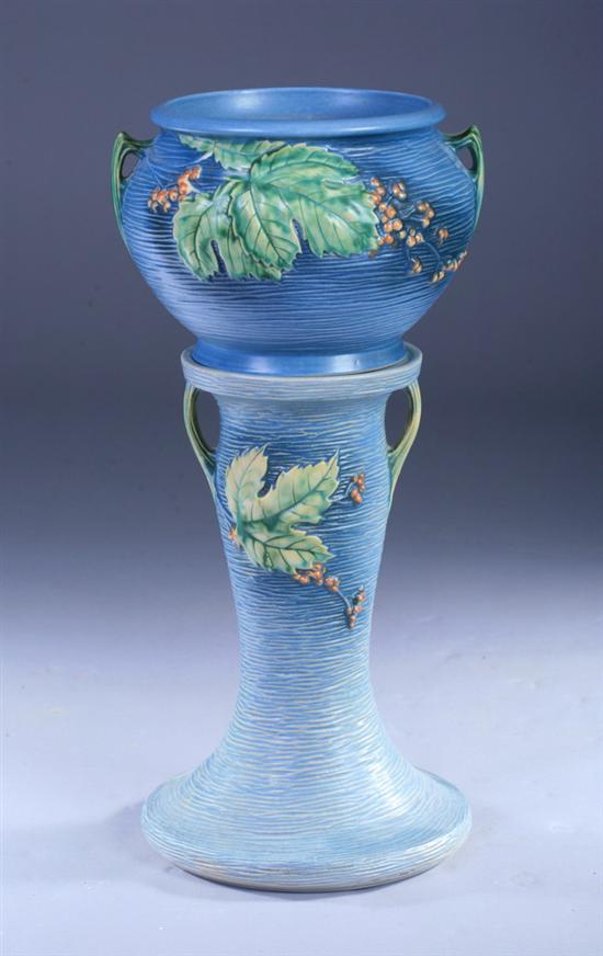 Appraisal: ROSEVILLE ART POTTERY BUSHBERRY BLUE JARDINI RE ON STAND Raised