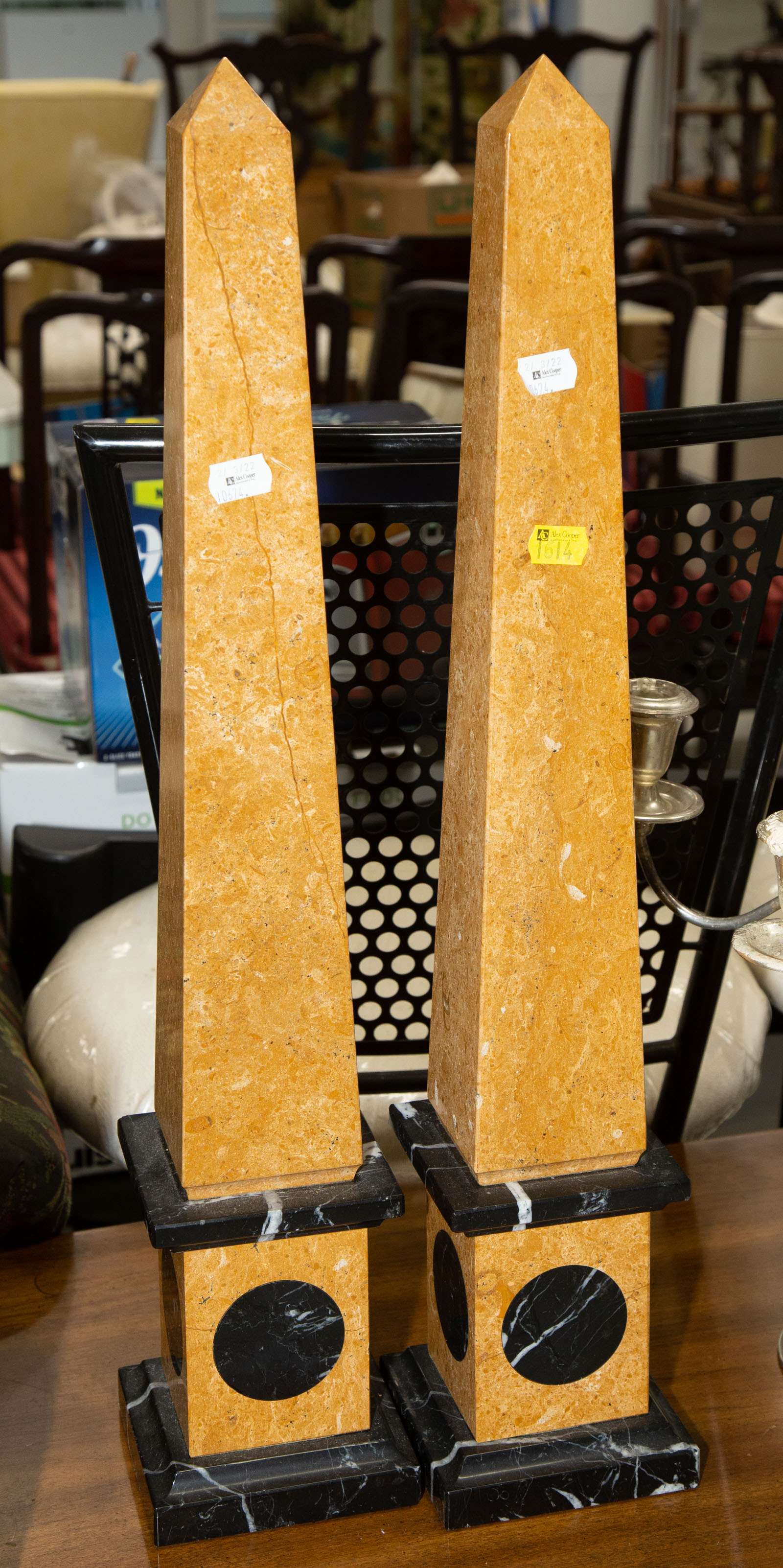 Appraisal: A PAIR OF ITALIAN COLORED STONE OBELISKS Modern composed of