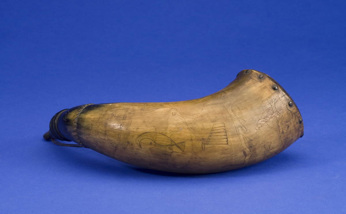 Appraisal: CARVED AND ENGRAVED POWDER HORN DATED Having a sailing ship