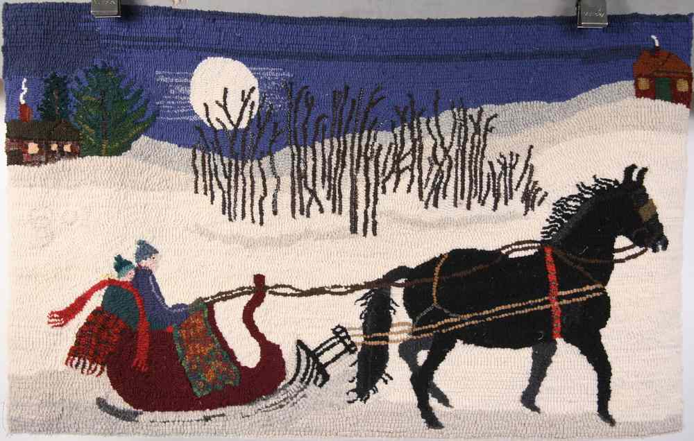 Appraisal: FIGURAL HOOKED RUG - Couple in Sleigh by Blanche Mary