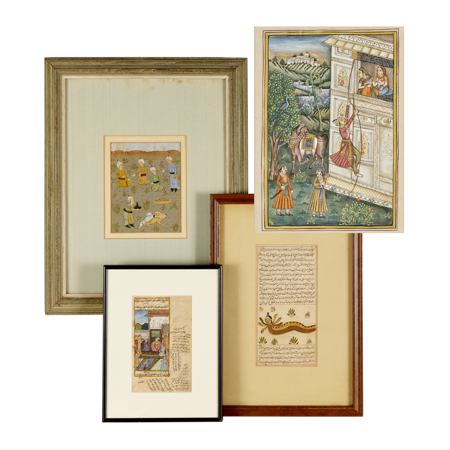 Appraisal: MUGHAL SCHOOL GOUACHE PAINTINGS Includes a manuscript page framed to