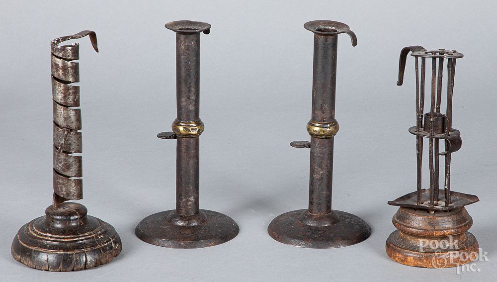 Appraisal: Pair of hogscraper candlesticks etc Pair of hogscraper candlesticks th