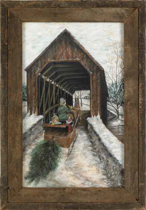 Appraisal: Pastel on paper snow scene of a covered bridge and