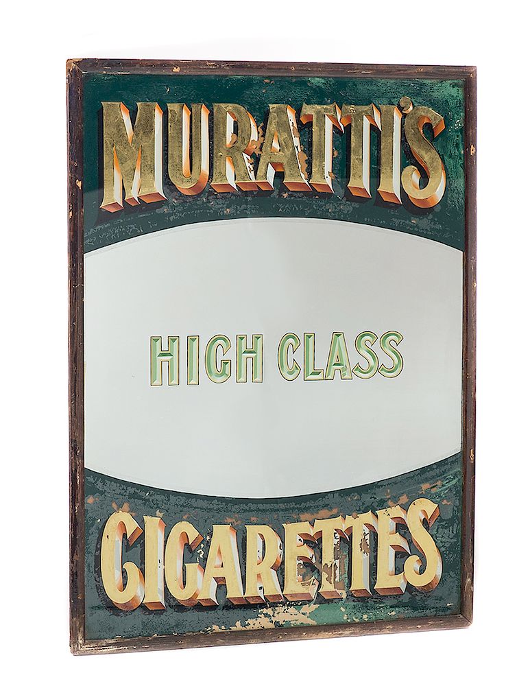 Appraisal: Murattis High Class Cigarettes Reverse Painted Advertising Sign Mirror Good