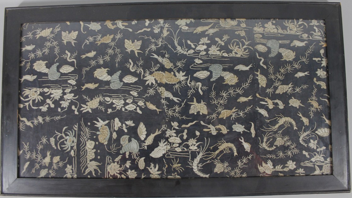 Appraisal: thC Chinese School Fish shells and other crustaceans silk work