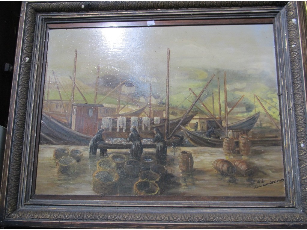 Appraisal: Oil on board 'Gutting Fish' signed and dated LUCIEN LEGEND