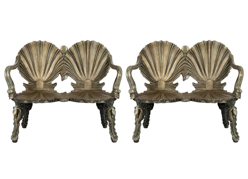 Appraisal: PAIR ITALIAN GROTTO STYLE PAINTED WOOD SETTEESwith metallic finish inches