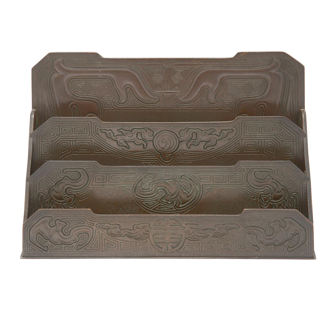 Appraisal: Tiffany Studios Bronze Three-Tier Paper Rack In the Chinese pattern