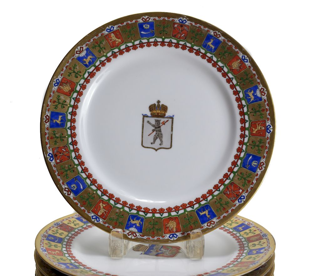 Appraisal: Russian Porcelain Armorial Plates by Kornilov Brothers A fine set