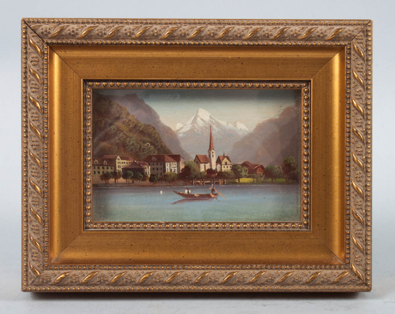 Appraisal: Continental School th c Mountainous Landscape miniature of European lakeside