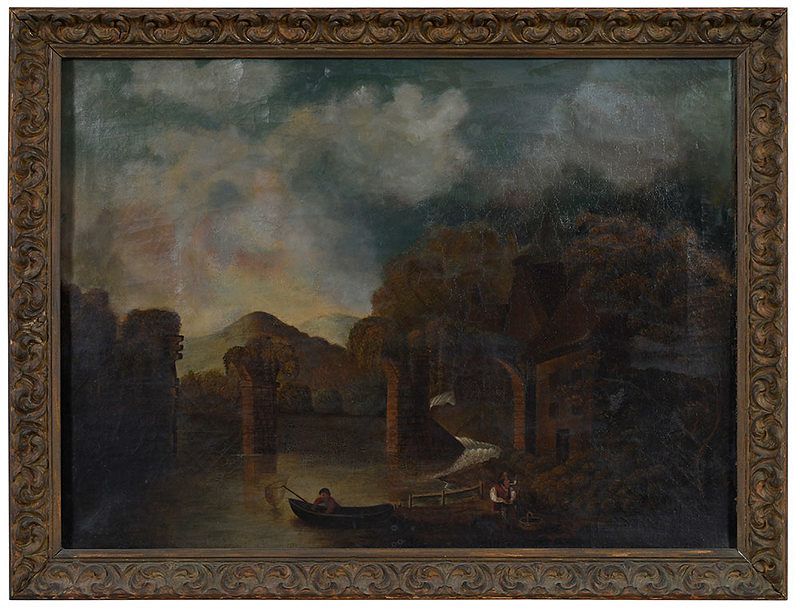 Appraisal: British School Painting th century River Scene with Fisherman unsigned