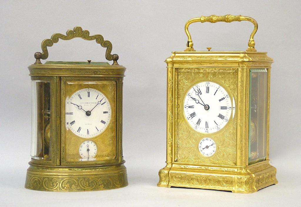 Appraisal: Good oval repeating alarm carriage clock the movement signed Parkinson