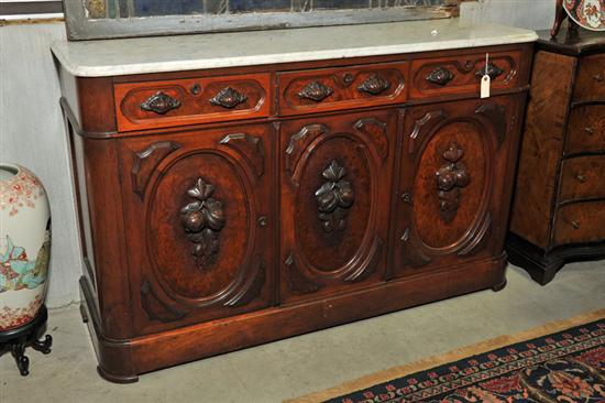 Appraisal: MARBLE TOP SERVER Mahogany having three dovetailed drawers with carved