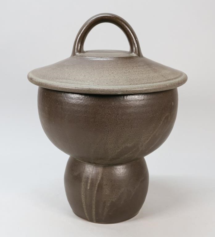 Appraisal: Chris Gustin American Chicago b footed pottery jar Gray glaze