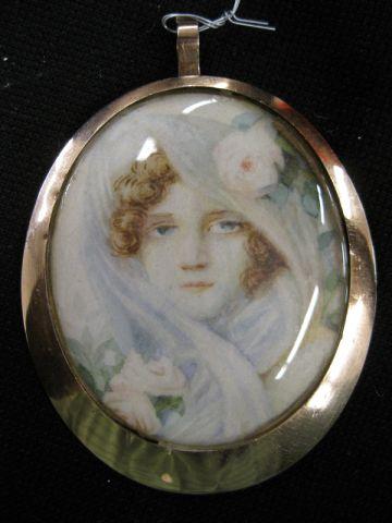 Appraisal: Miniature Painting on Ivory in Gold Frame pendant loop deco