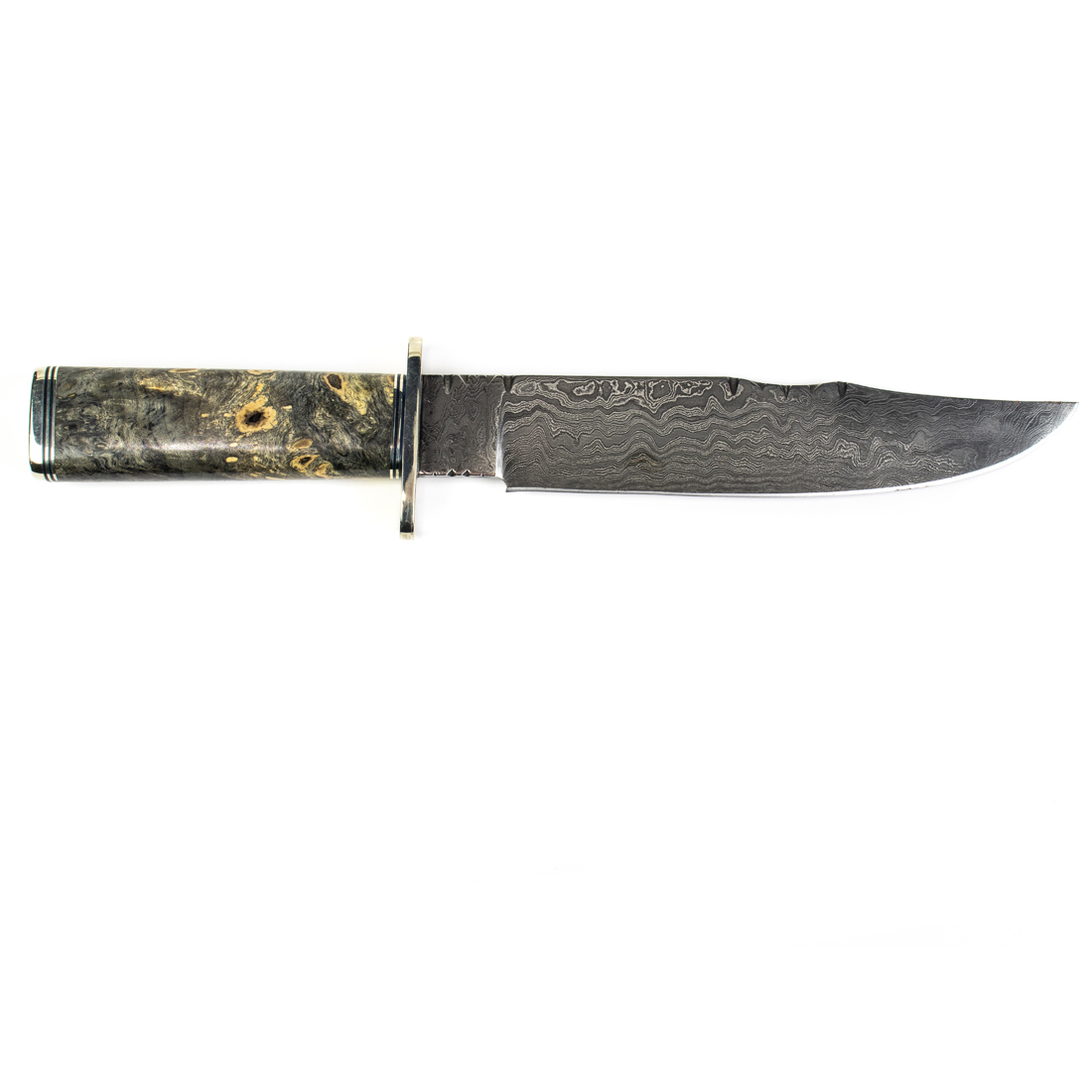 Appraisal: A FANNIN DAMASCUS BLADE BOWIE KNIFE WITH A STABILIZED BURLWOOD