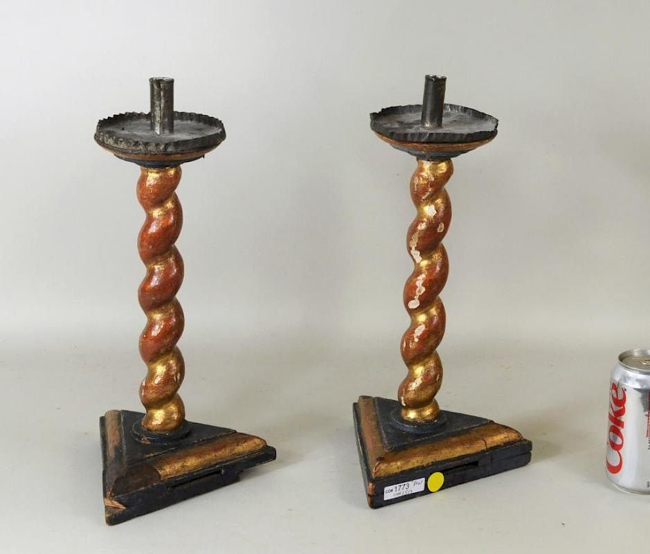 Appraisal: Pair Early Gilt Polychromed Wood Candlesticks Pair early gilt and