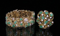 Appraisal: k Gold Bracelet Watch and a Matching Pin With Emeralds