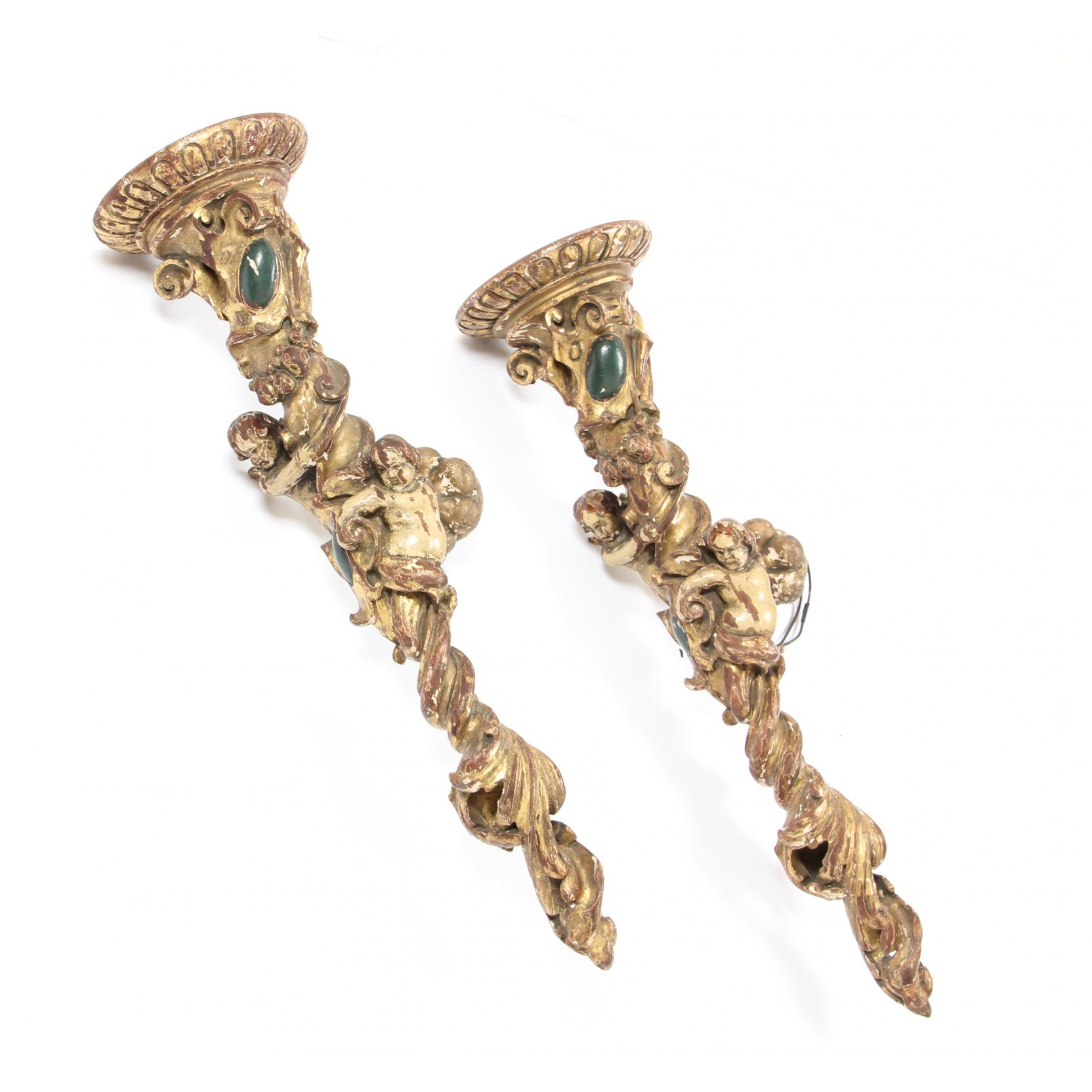 Appraisal: Pair of Antique Carved Gilt Italianate Sconces circa with polychrome