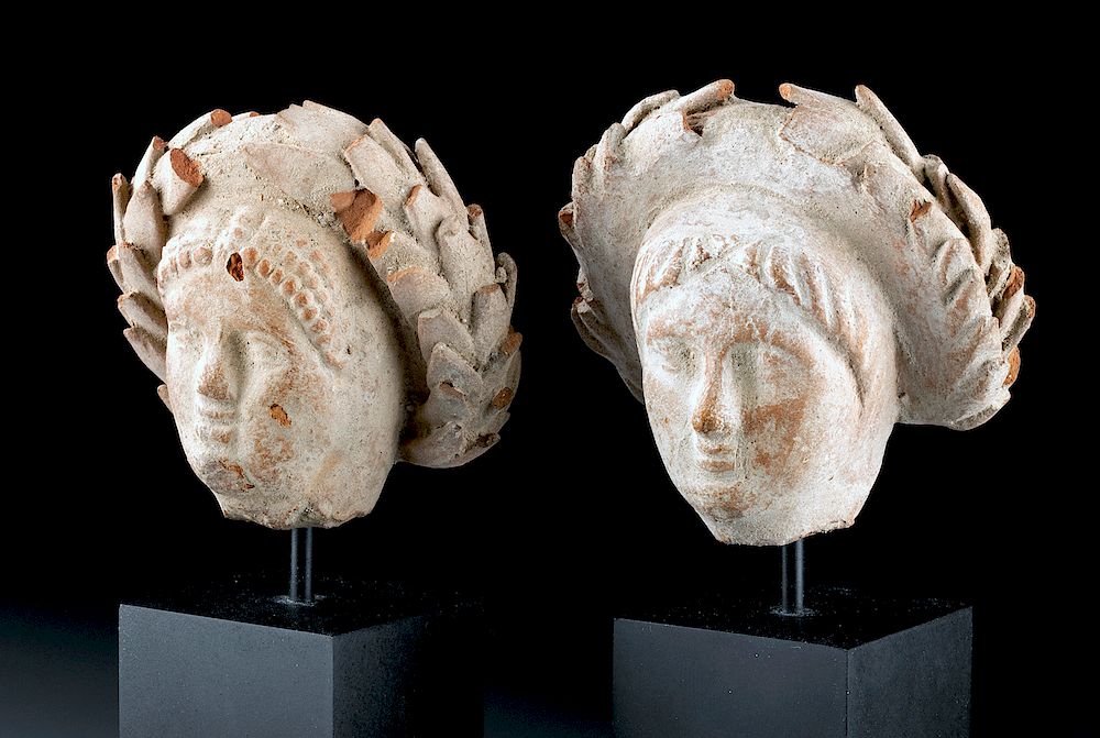 Appraisal: Greek Hellenistic Pottery Heads w Wreaths Greece Hellenistic Period ca