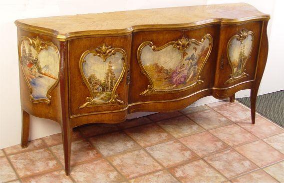 Appraisal: DECORATIVE FRENCH STYLE PAINT DECORATED SIDEBOARD Sculpted serpentine front doors