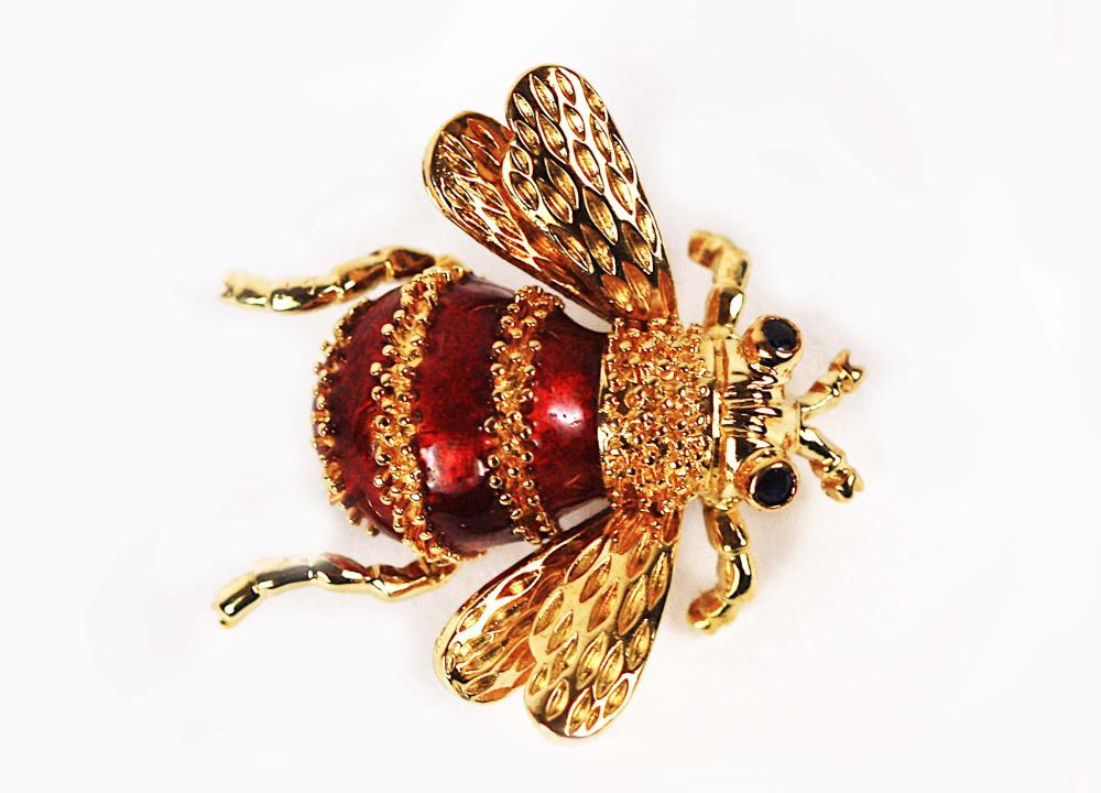 Appraisal: LADIES' KT YELLOW GOLD AND RED ENAMEL BEE PINMarked KT