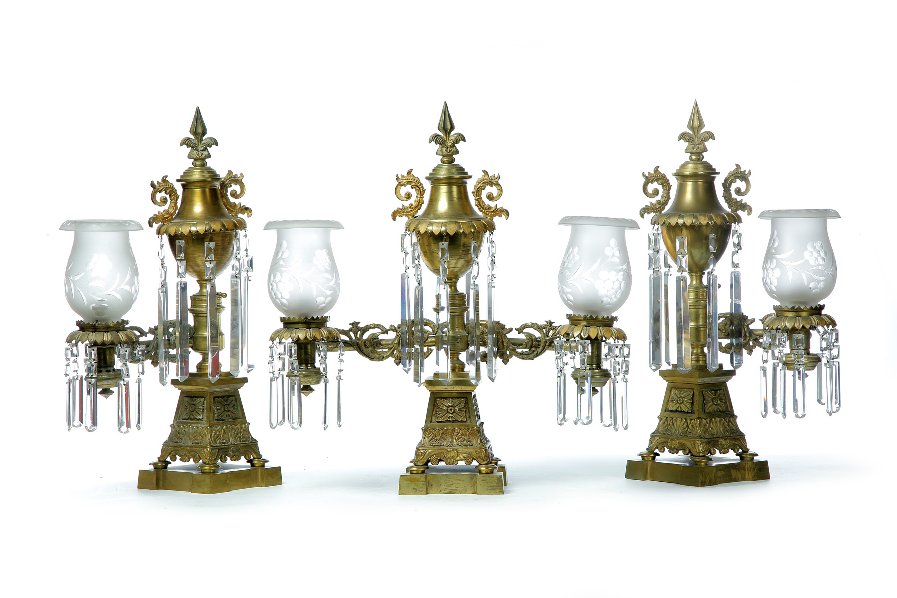 Appraisal: SET OF THREE BRASS ARGAND LAMPS American or English nd