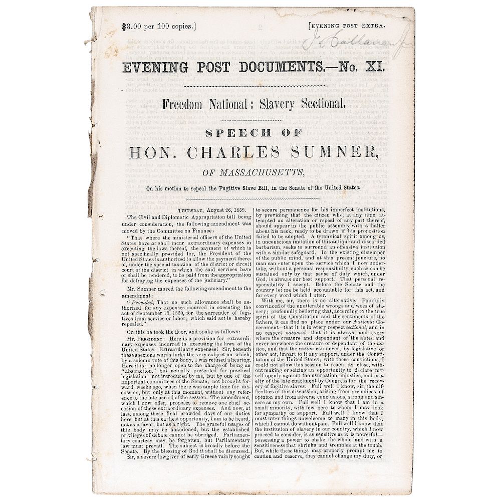 Appraisal: Freedom National Slavery Sectional Speech by Charles Sumner Black History