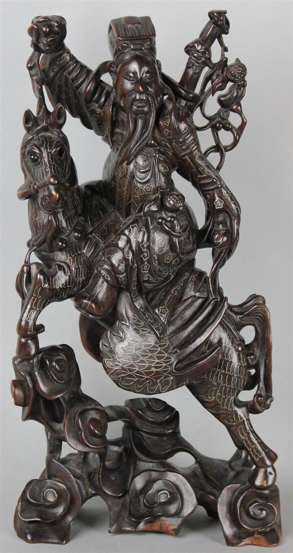 Appraisal: SILVER LINE INLAID WOOD CARVING OF GUANDI the Chinese god