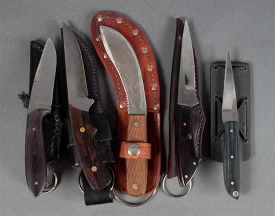 Appraisal: Five hand-crafted hunting knives by various makers comprising E V