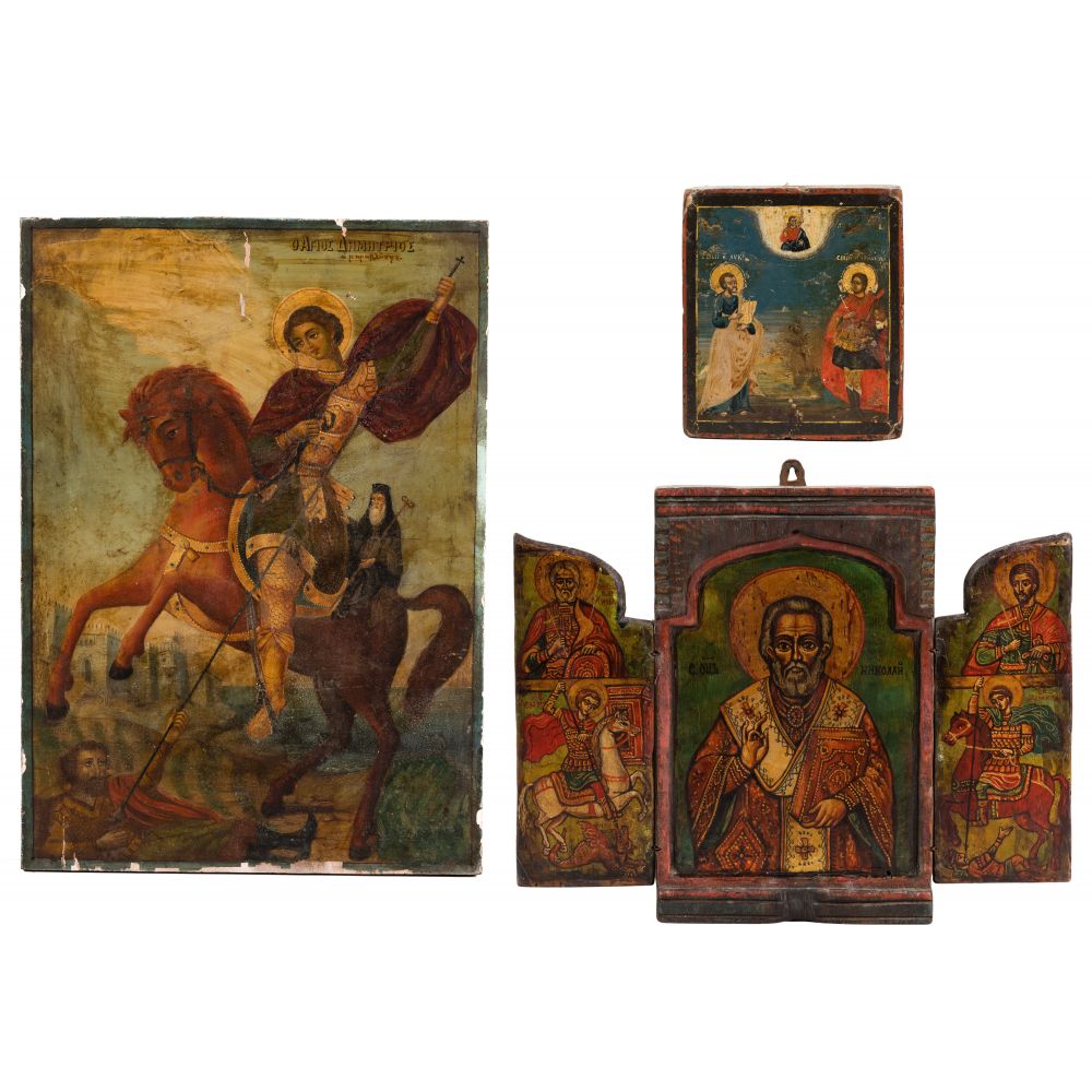 Appraisal: EASTERN ORTHODOX ICON ASSORTMENT items including single panel icons with