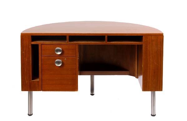 Appraisal: A Gilbert Rohde mahogany and brushed steel demilune desk for