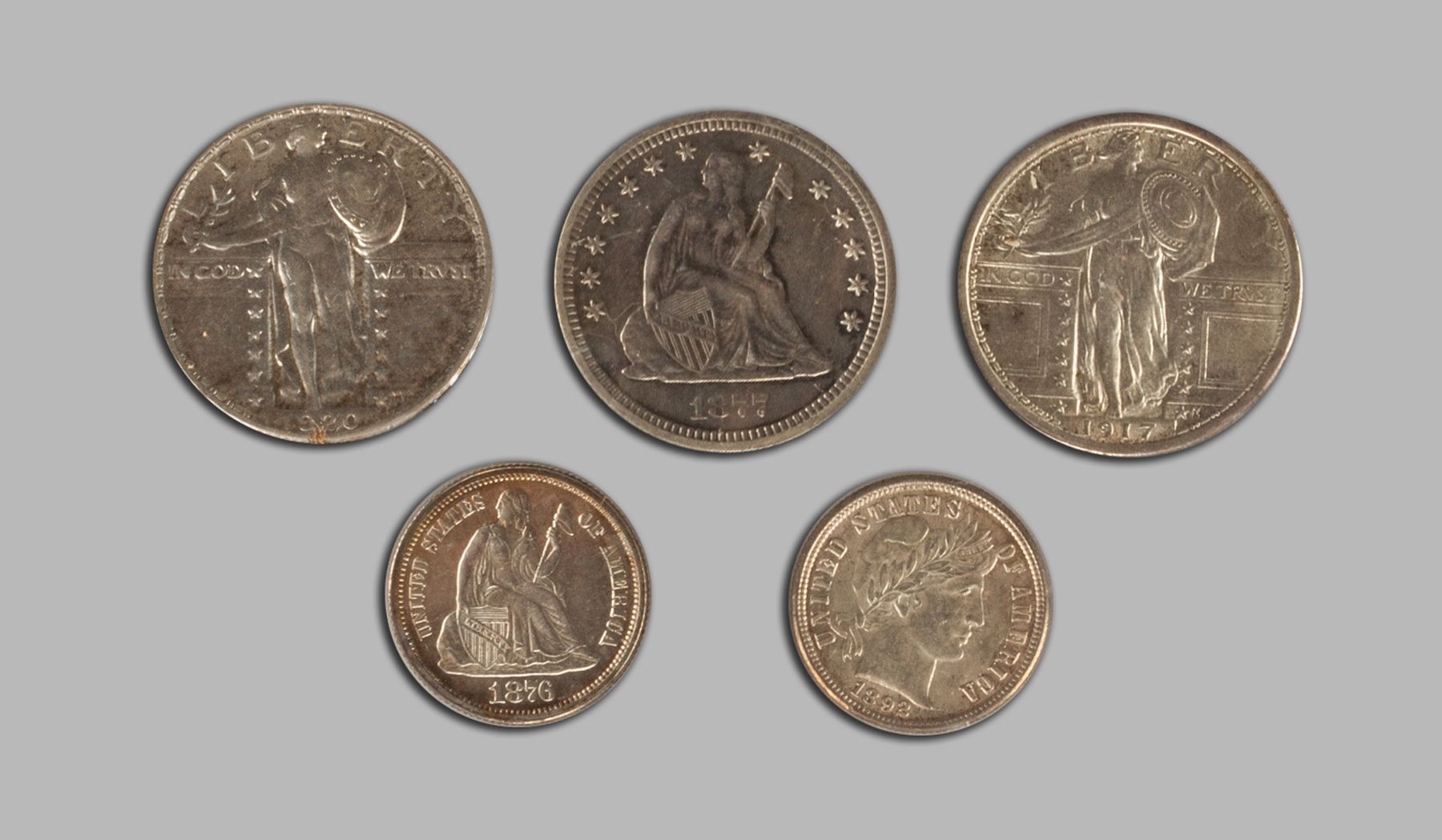 Appraisal: Five Silver Coins Standing Liberty quarter CC Seated Liberty quarter