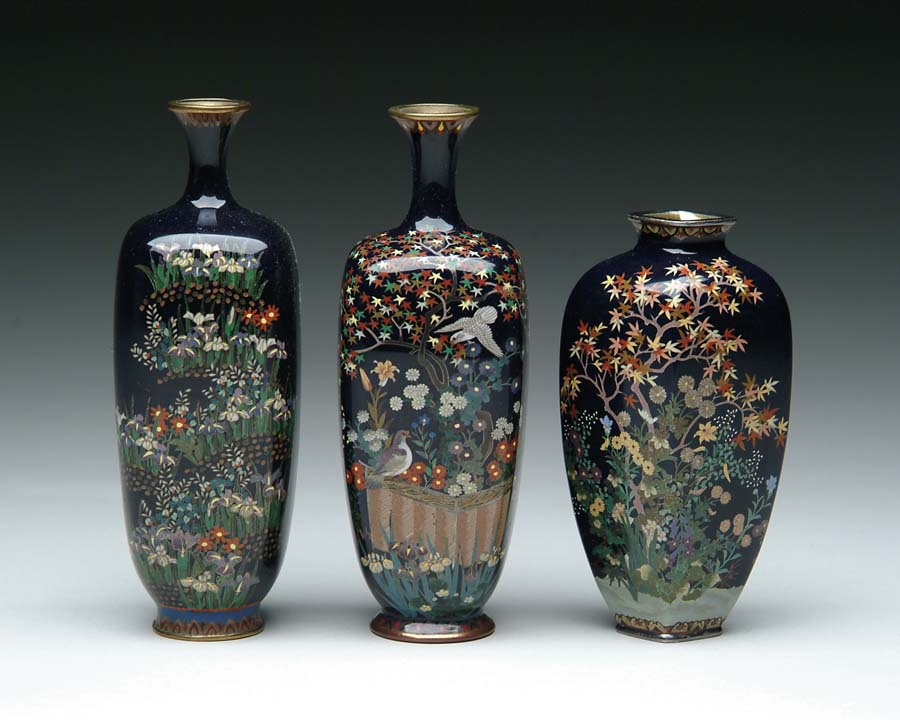 Appraisal: THREE SMALL JAPANESE CLOISONNE ENAMEL VASES All with flower garden