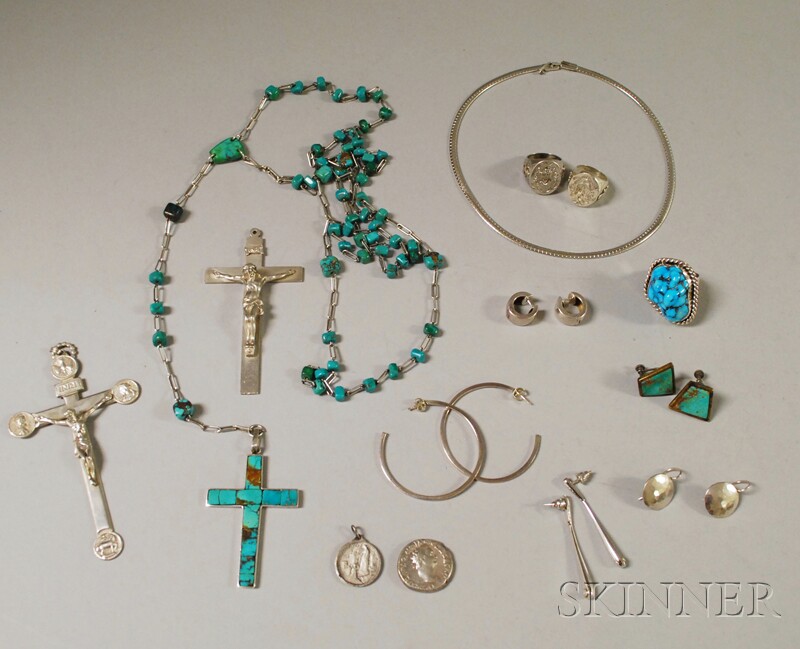 Appraisal: Group of Miscellaneous Silver and Turquoise Jewelry including a rosary