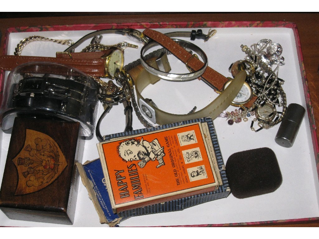 Appraisal: Box of miscellania - watches playing cards costume jewellery etc