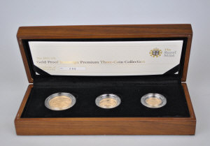 Appraisal: A boxed Royal Mint Gold Proof Sovereign Premium three-coin collection