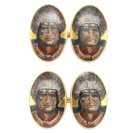 Appraisal: Pair of Gold and Enamel Indian Head Cufflinks Tiffany Co