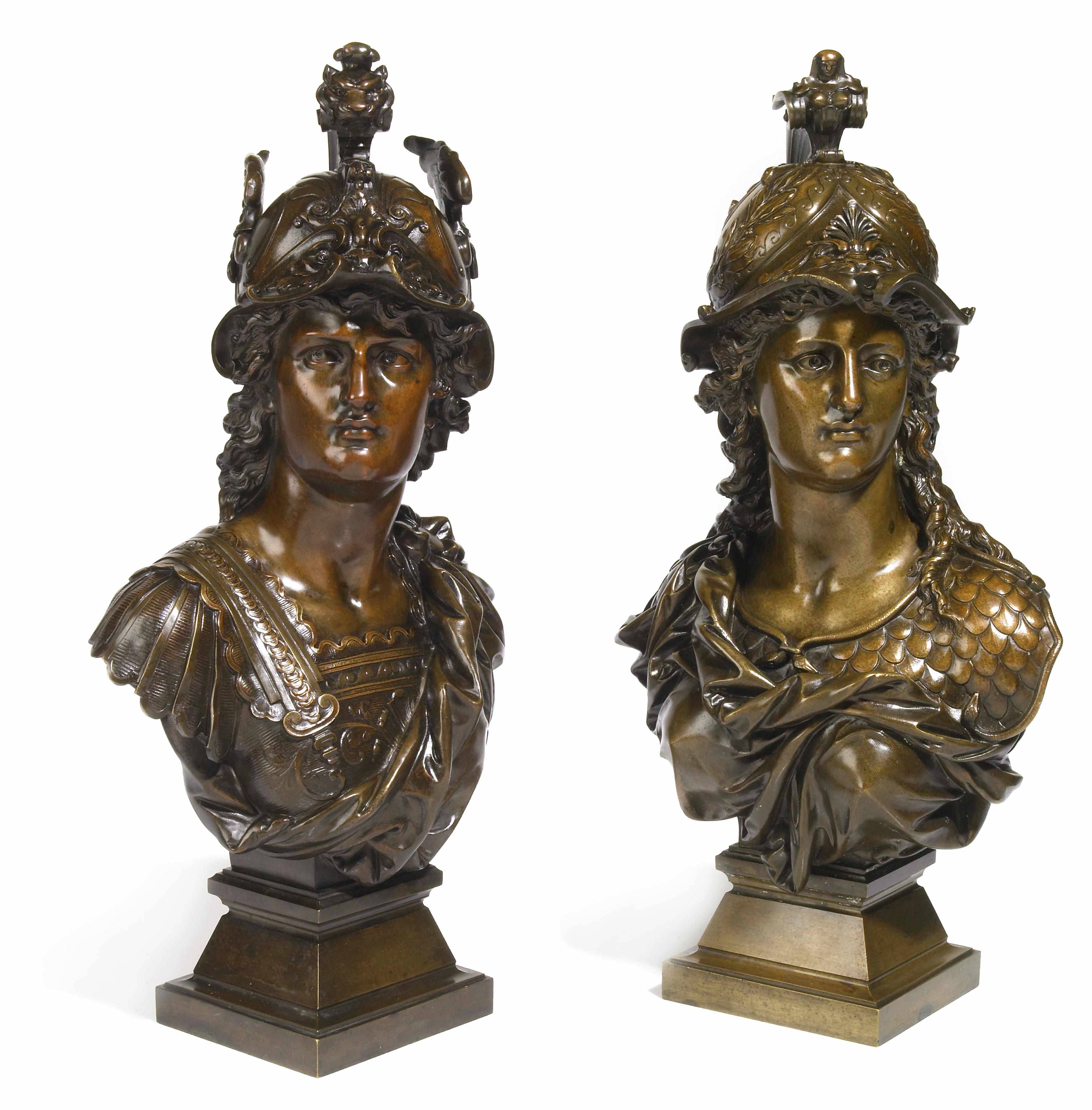 Appraisal: A pair of French patinated bronze busts of Mars and