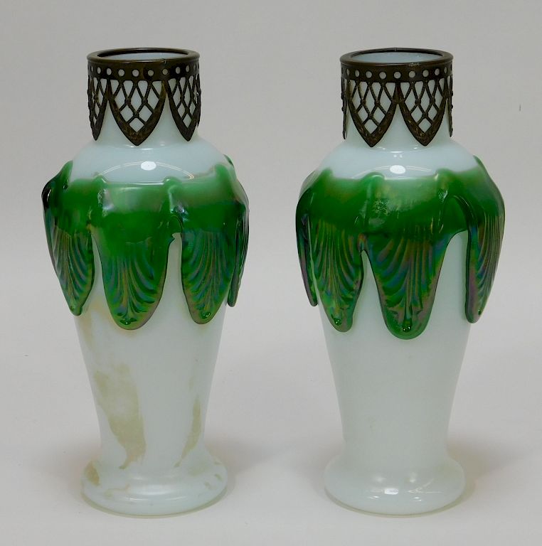 Appraisal: PR Opaline and Green Bohemian Art Glass Vases PR Opaline