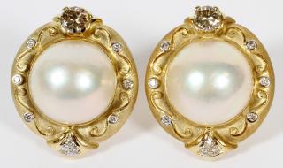 Appraisal: BROWN DIAMOND MABE PEARL AND GOLD EARRINGS CT BROWN DIAMOND