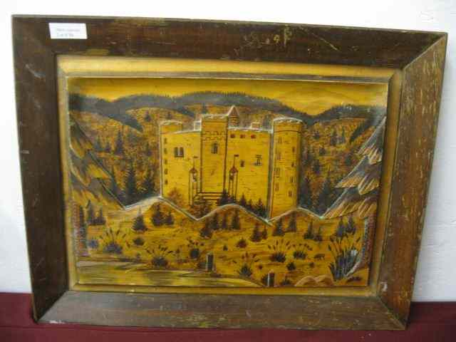 Appraisal: Handpainted Carved Plaque landscape with castle bas-relief '' x ''