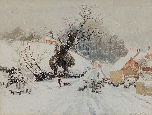 Appraisal: ATTRIBUTED TO CUTHBERT GRESLEY - Winter landscape with shepherd and