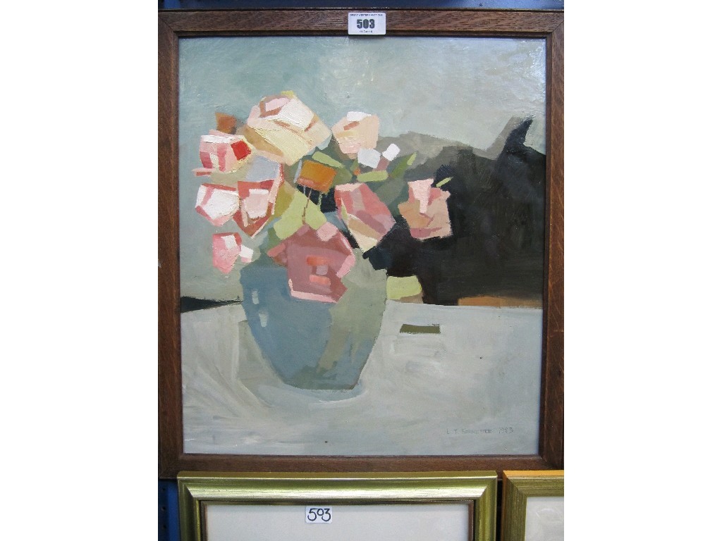 Appraisal: Lot comprising oil on board abstract still life signed L