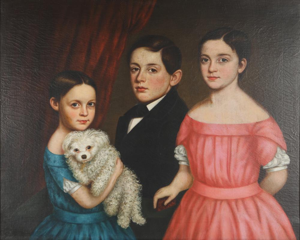 Appraisal: AMERICAN PRIMITIVE SCHOOL FAMILY PORTRAIToil canvas wax-lined unsigned x inches