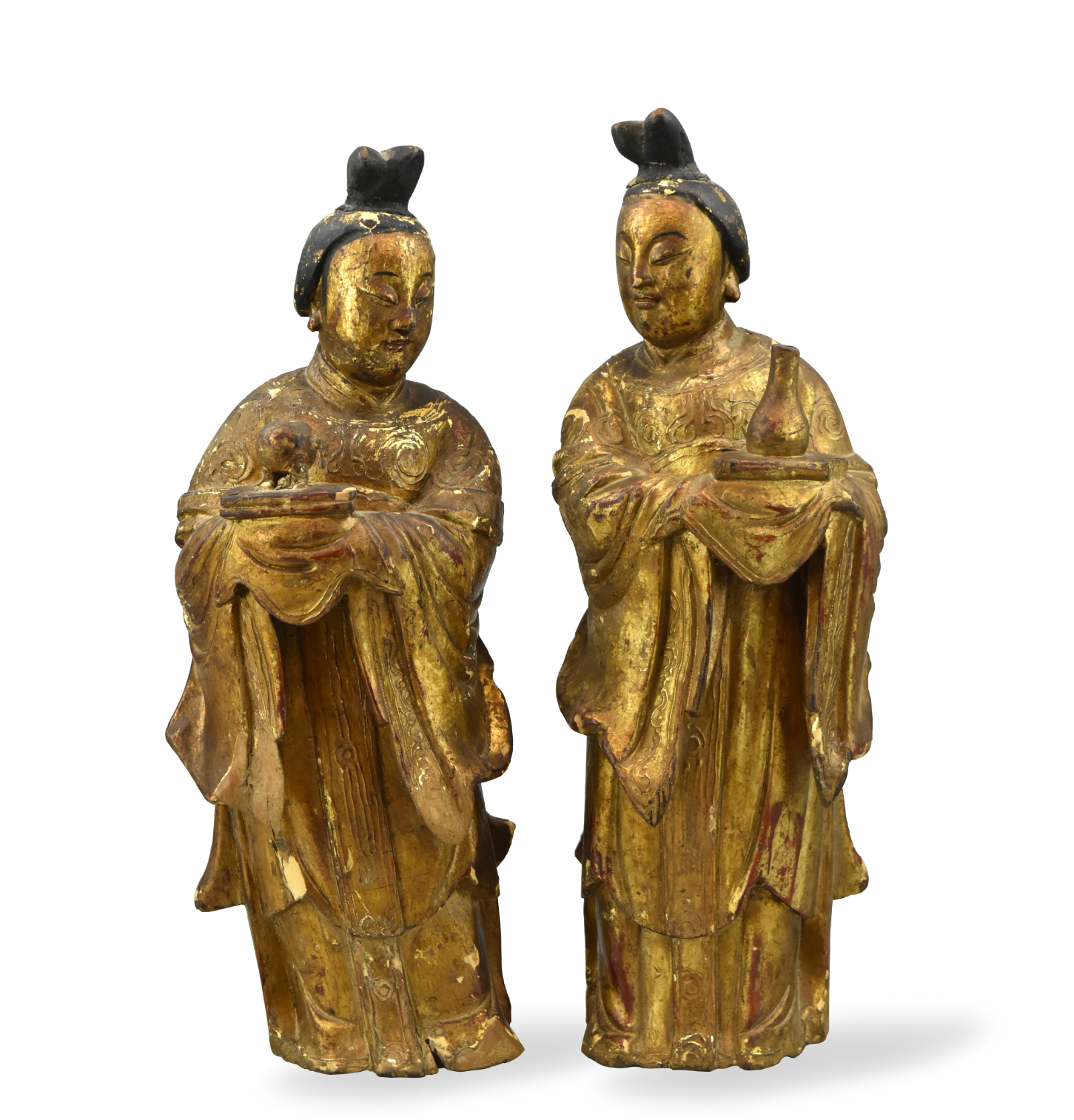 Appraisal: Two carved Chinese gilt lacquered figures Qing Dynasty each holding