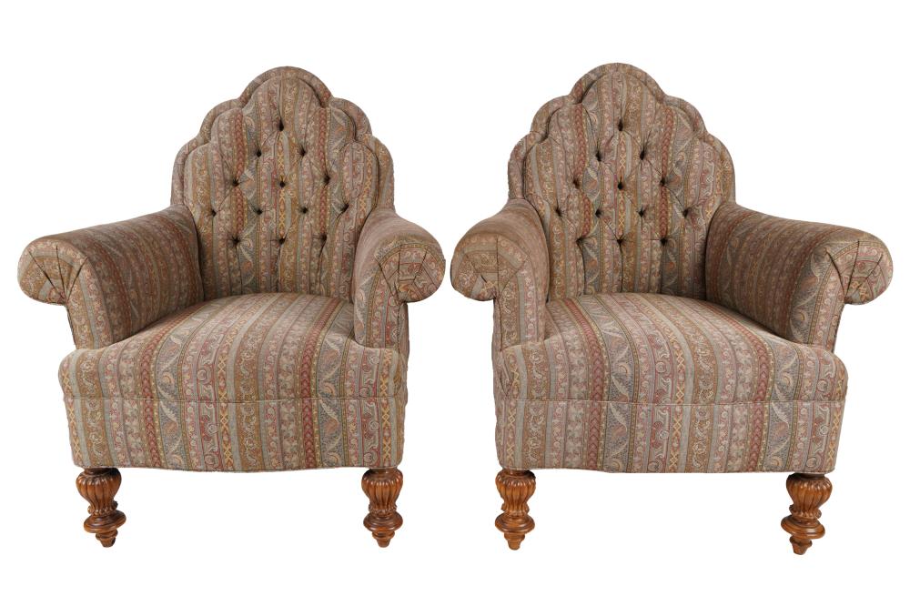 Appraisal: PAIR OF UPHOLSTERED TUFTED ARMCHAIRSwith carved wood legs each inches