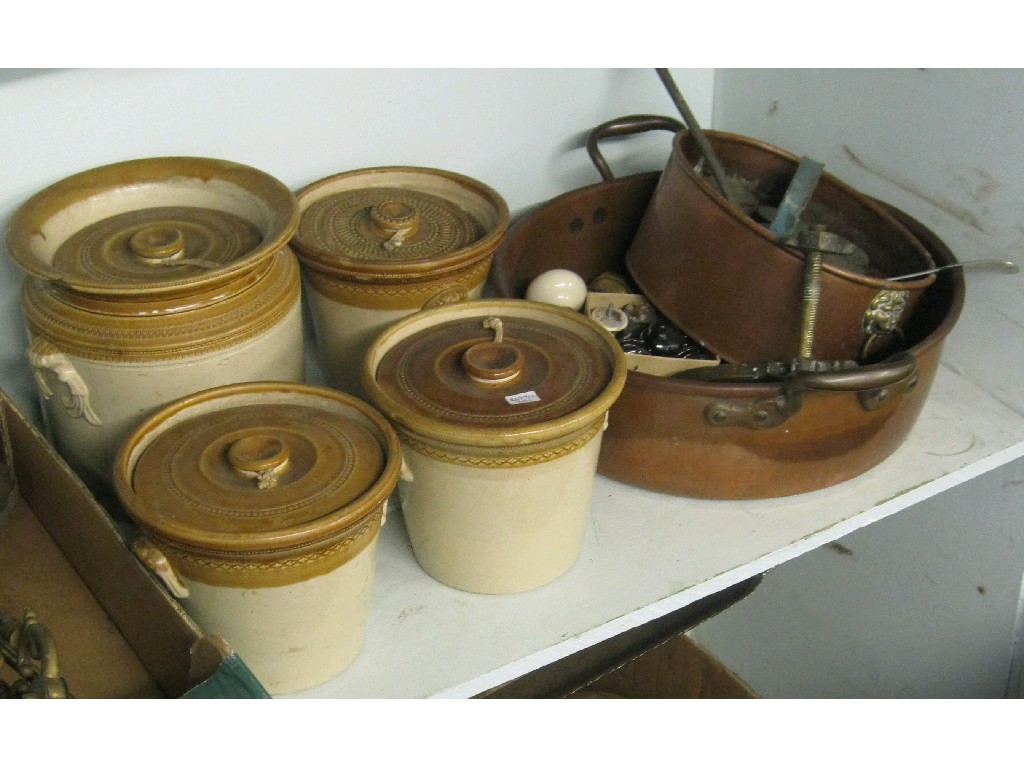 Appraisal: Lot comprising four stoneware jars assorted metalware door knobs and