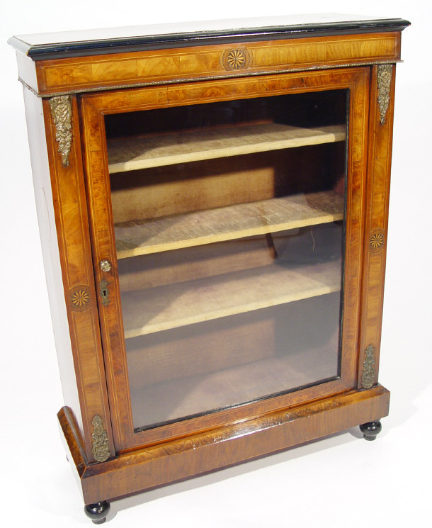 Appraisal: Victorian inlaid walnut bookcase the glazed door enclosing three velvet