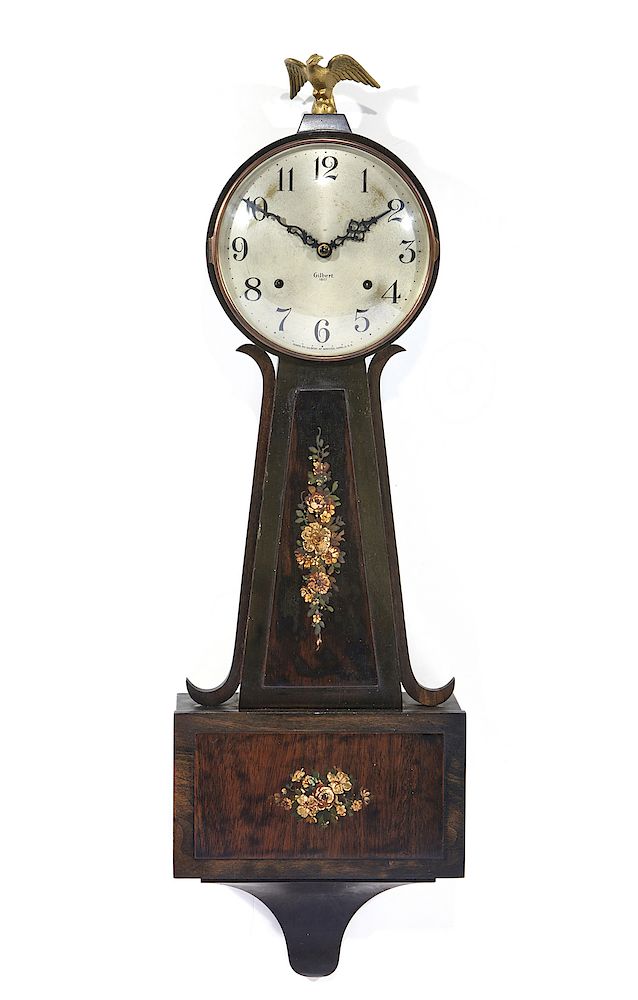 Appraisal: Gilbert banjo clock Gilbert banjo clock with eagle finial silver